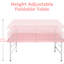 Table pliante portative rose de 4 pieds. Pour le camping et les loisirs de plein air. Capacité de poids maximale de 135 kg. Pliable avec prise fixe pour une manipulation facile. Surface de table lisse et imperméable. Conception triangulaire supérieure