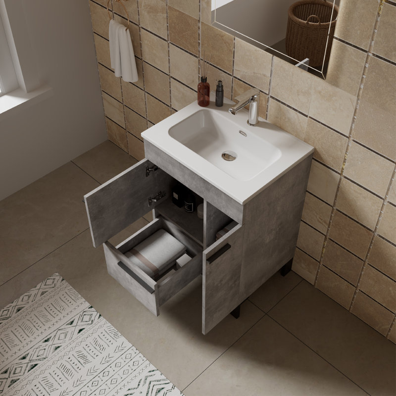 24" Single Bathroom Vanity Free-standing vanities with Gloss white Ceramic Top,1 Drawer,2 doors Modern for Small Bathroom