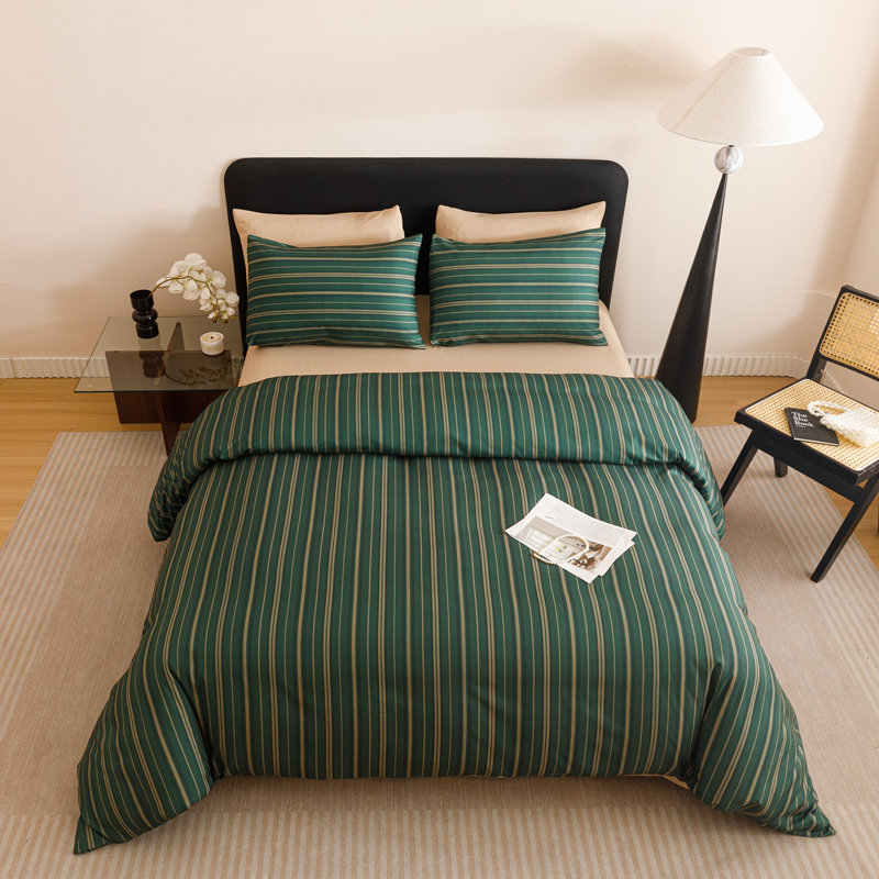 Comforter Set Geometric Bedding Set 3 Pieces Strips Grid Comforter Set, Twin Comforter + 2 Pillowcases, Green Striped