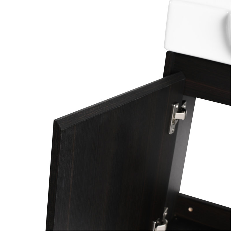 Meuble-lavabo de 61 cm (24 po), fini chêne foncé, lavabo en céramique blanche, charnières, design contemporain, grand espace de rangement