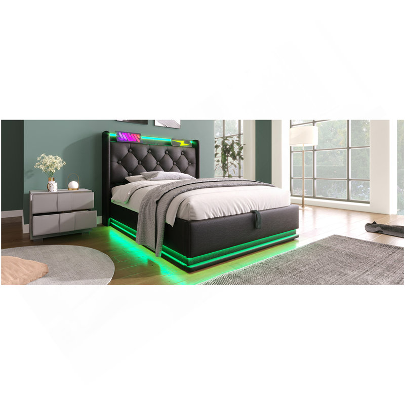Lit simple tapissier simple, fonction DEL à 360 degrés, boutons / applications / télécommande, lit de rangement hydraulique avec chargement USB Type-C, noir (sans matelas)
