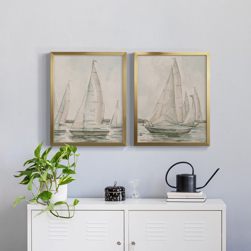 «Sail Scribble I», toile encadrée de qualité supérieure - prête à être accrochée, Papier avec cadre doré