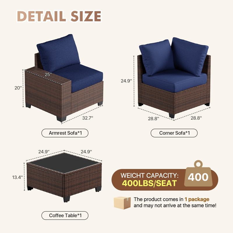 2 -Person Rattan Patio Safo With Cushions, Navy, Brown