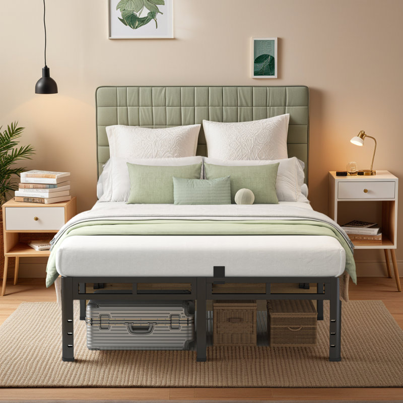 14 Inch Bed Frame, Double Layer Metal Bed Frame with Round Corner Legs, 4000LBS Bed Frame & Box Spring 2 in 1 Platform with Headboard Holes Mattress Baffles
