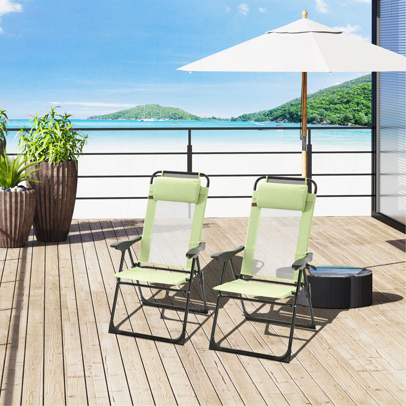 Ensemble de 2 chaises de patio pliantes, chaise longue d'extérieur à dossier réglable, chaise de camping avec appui-tête amovible pour le jardin, la cour, la pelouse, vert