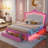 Full Size Upholstered Bed Frame With LED Lights, Modern Upholstered Princess Bed With Crown Headboard, 2 Drawers, Pink+White-401495958