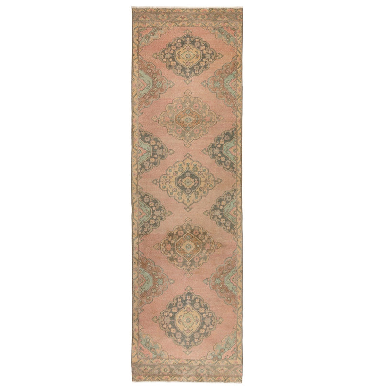 Tapis de couloir Vintage en laine Anatolian Vintage en corail délavé et bleu clair