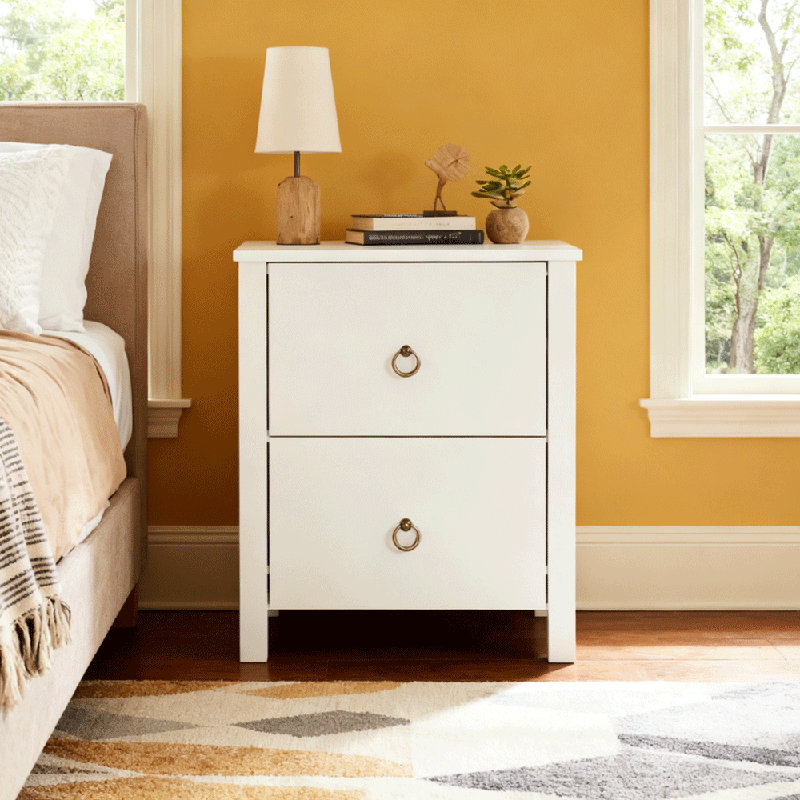 Table de chevet 2 tiroirs en bois de pin massif (blanc), White