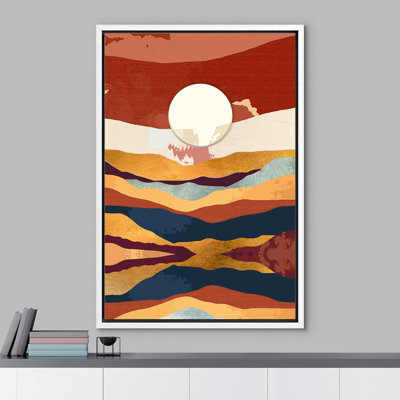 Soleil, chaîne de montagnes, rouge, paysage abstrait, illustrations, moderne, rustique
