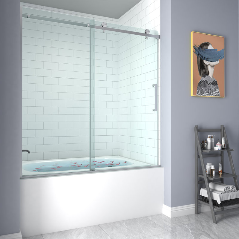 Porte de baignoire coulissante simple sans cadre avec verre transparent Castalia l 55 po x H 60 po, Nickel brossé