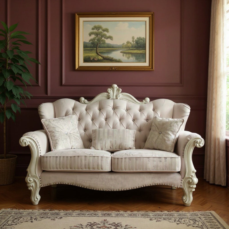 Causeuse Chesterfield 69 po ivoire et coussins décoratifs