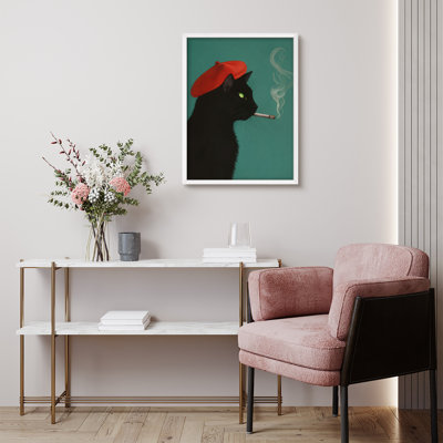 Cool Black Cat Framed Wall Art Prints - Cat with beret and cigarette, for living room
