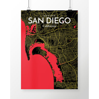 'San Diego City Map' Graphic Art Print Poster in Black/Red