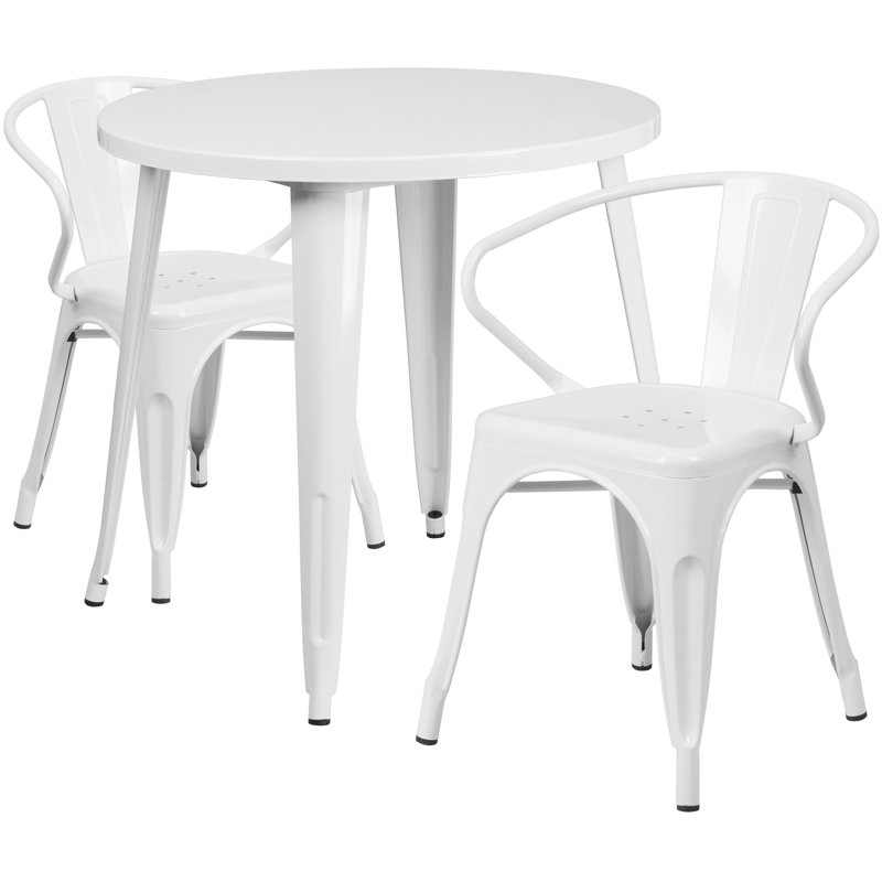Duluth 30'' Round Metal Indoor-Outdoor Table Set with 2 Arm Chairs, White, 29.50" H x 30" W x 30" L
