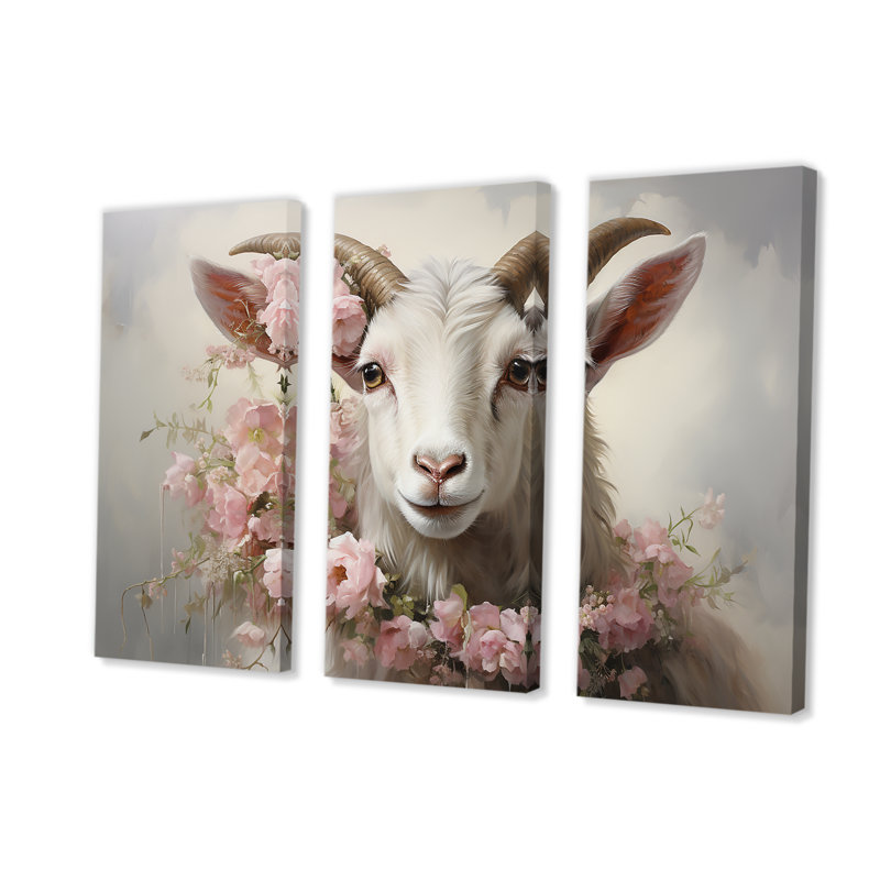Chèvre blanche avec coller floral rose - art mural animal de chèvre, Toile tendue, H 32 po x l 48 po