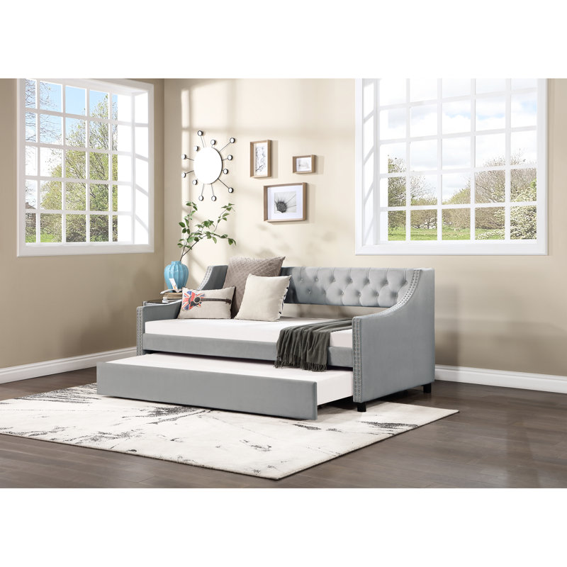 Lit de jour simple rembourré avec lit gigogne, cadre de lit en bois massif et clous en cuivre, merveilleux pour la chambre à coucher et la chambre d'amis, gris, sommier non nécessaire Forte Excellente requise