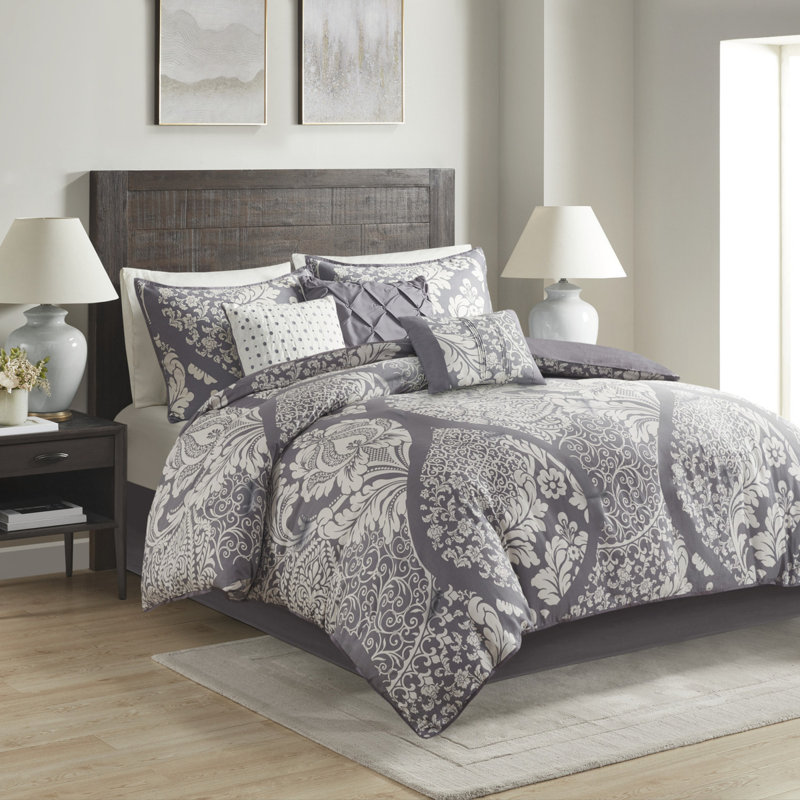 Ensemble d'édredon en coton damassé gris