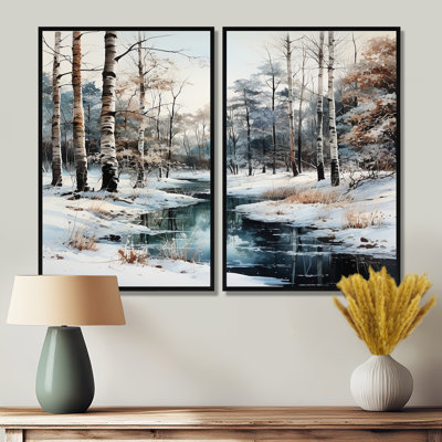 Rivière en forêt, paysage d'hiver - grande forêt, art mural 2 panneaux