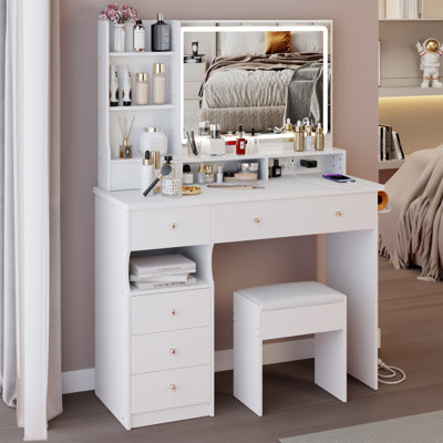 41" Large Size Left Drawer Desktop Vanity Table+Cushioned Stool Dresser Set, 2 AC+2 USB Power Station, Hair Dryer Stand, Extra Large Touch Control LED by Latitude Run