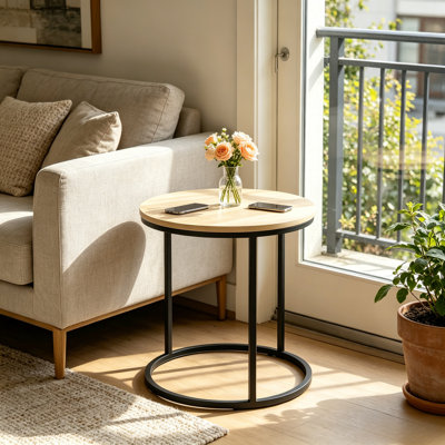 Round Industrial Side End Table, Rustic Wood Top Black Metal Frame Accent Nightstand, Modern Circular Sofa Side Table For Living Room Bedroom Entryw