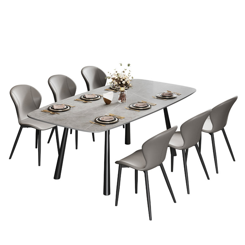 7-Piece Sintered Stone Dining Table Set With 6 PU Leather Chairs, Gray