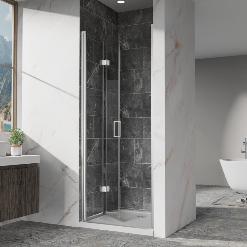 Pivot Shower Doors, Frameless Bi-Fold Swing Shower Door,1/4" (6Mm) Clear Tempered Glass, Chrome Finish Hardware, Reversible Installation
