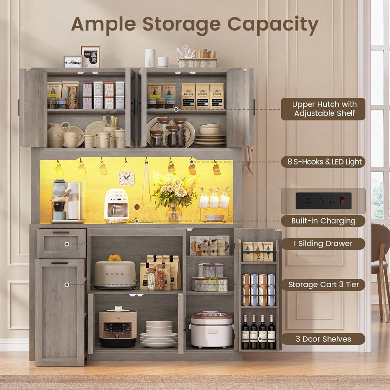 Armoire de rangement 71 "avec huche de cuisine avec station de charge et lumière DEL, Gris, 47.2" wide