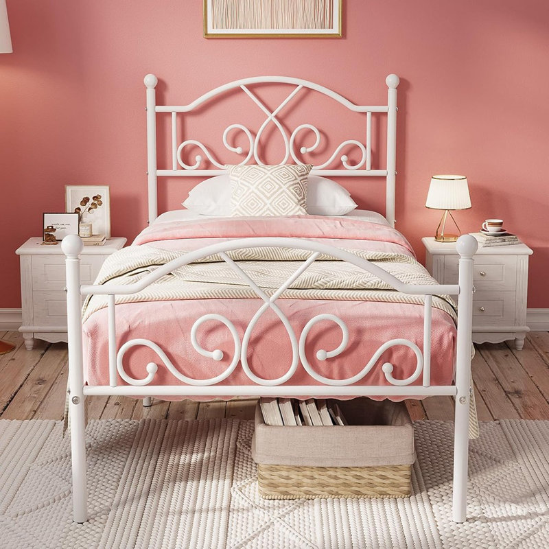 Structure de lit simple, structure de lit simple en métal pour enfants, pas de sommier simple avec tête de lit et pied de lit uniques, espace de rangement de 11,23 pouces - blanc