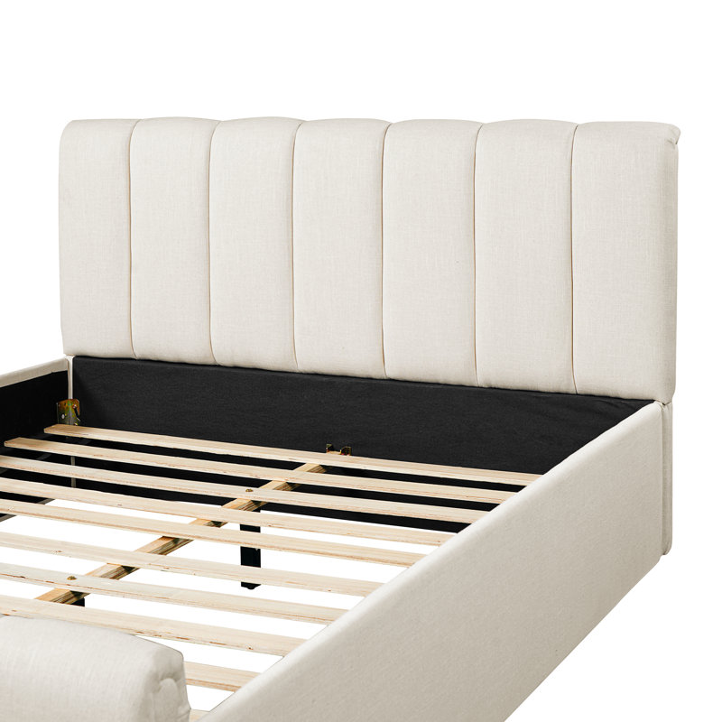 Sahara Upholstered Linen Bed Frame with Thick Headboard &  Solid Wood Legs, Queen