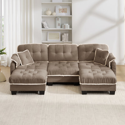 Modern Cloud U-Shaped Sofa with 4 Pillows, Movable Ottoman Pom-Pom Trim Quilted Tufted Cushion Ergonomic Design, Easy Assembly Deep Seat Couch for Living Room Office, Apartment