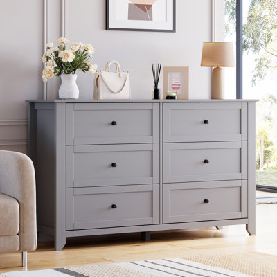 Commode 6 tiroirs pour la chambre à coucher, commodes en bois de ferme l 53,9 po et commode à vêtements, grande commode de rangement avec tiroirs profonds pour le salon, le placard, le couloir, gris