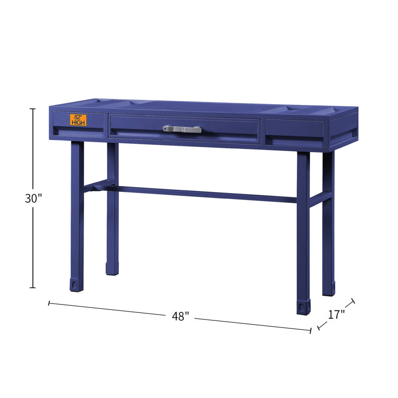 Blue Metal Vanity Desk With One Drawer, Frame, Recessed Panels, Iron Plate Top, Wood - Made Manual Close Drawer Side Glide, Fully Finished Inside