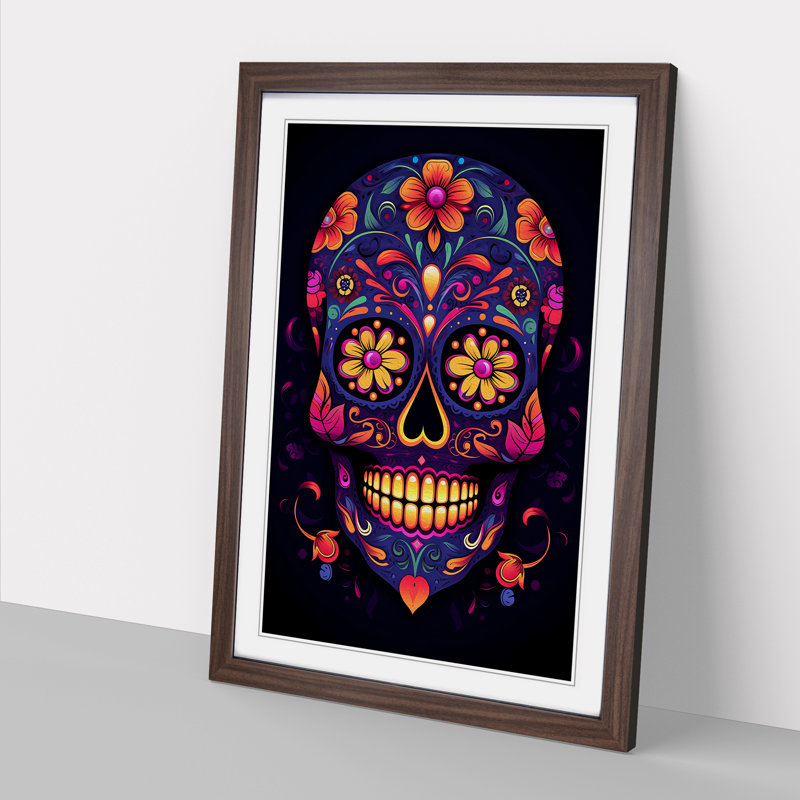 Sugar Skull Minimalism - Single Picture Frame Print on Wood, Walnut, 34cm H x 25cm W x 2cm D