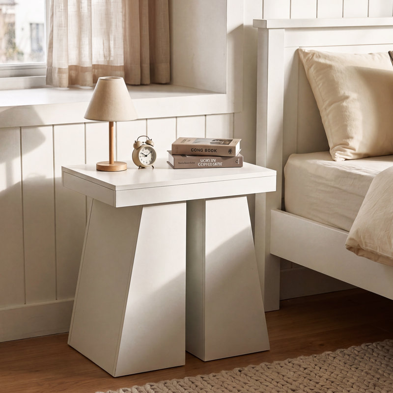 Table d'appoint moderne blanche avec base trapézoïdale pour petits espaces, salon, chambre à coucher