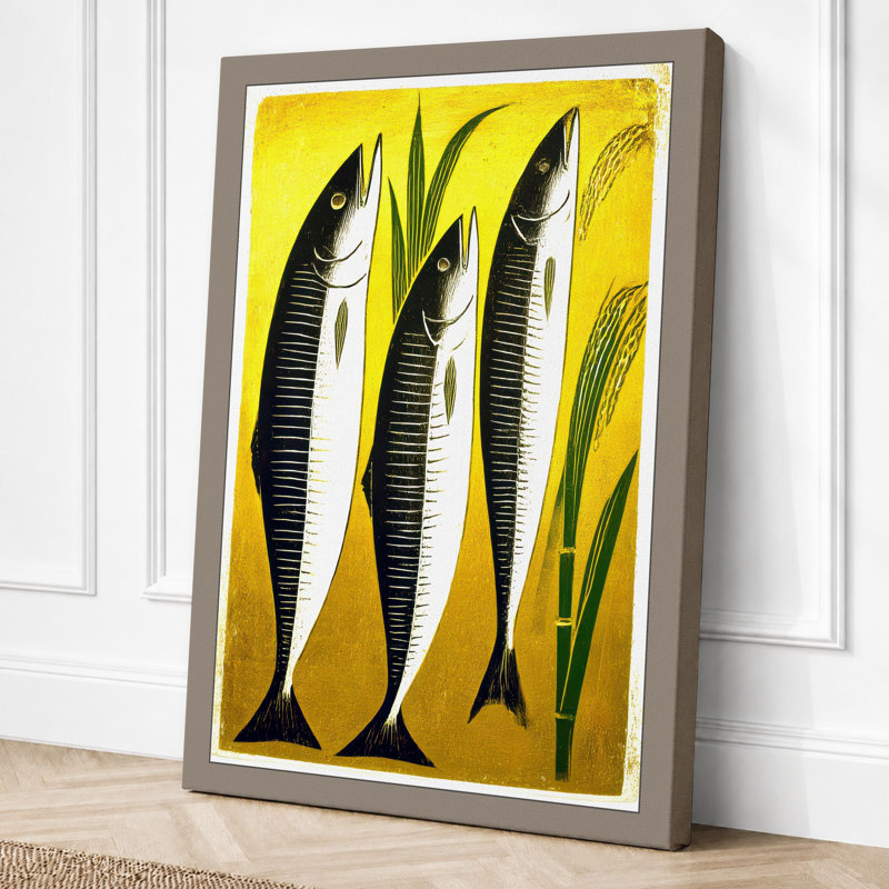 Three Fish In Green Geometric - Print, 30x20 - 76.2 x 50.8 cm, Taupe Border