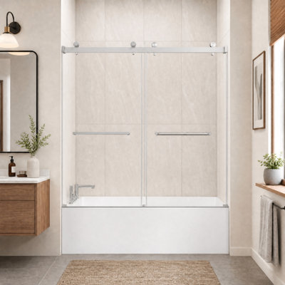 Porte de douche coulissante sans cadre pour baignoire, finition nickel brossé, 140-152 cm L x 152 cm H, avec pellicule nano anti-explosion et verre trempé.
