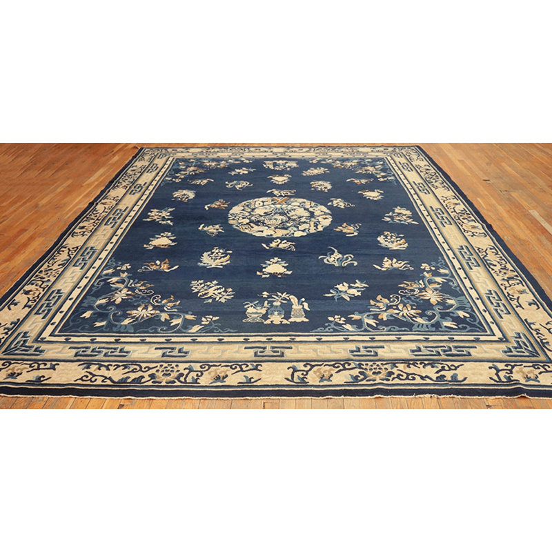 Antique Peking Chinese Floral, Geometric Knotted Rug