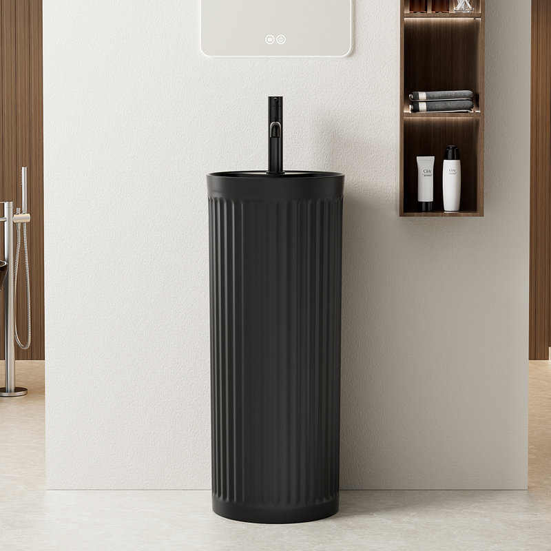 33＂Tall Ceramic Circular Pedestal Bathroom Sink, Matte Black Bathroom Sink With Overflow