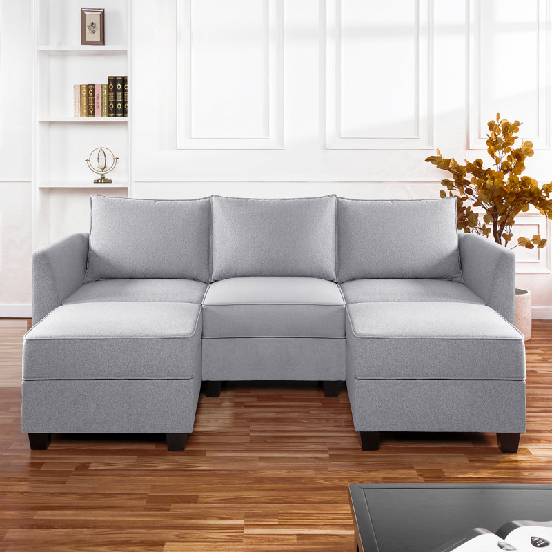 Canapé modulaire en lin avec double repose-pieds et rangement perttu, Gris