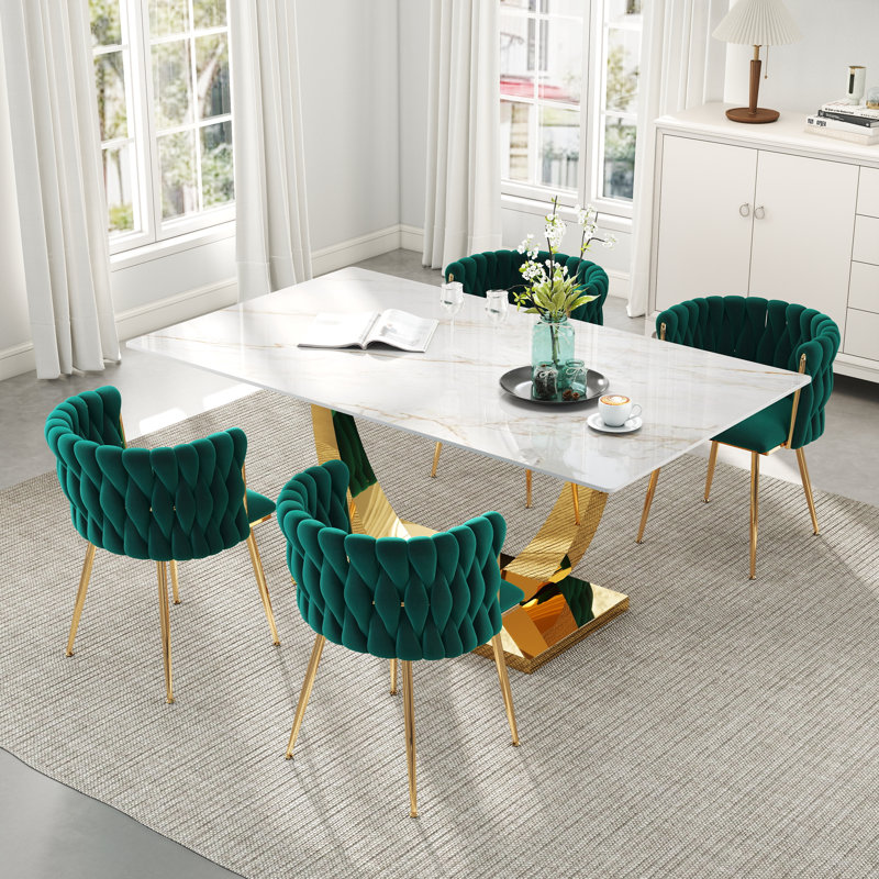 Rectangle Pedestal Dining Set with Woven Dining Chair, Green