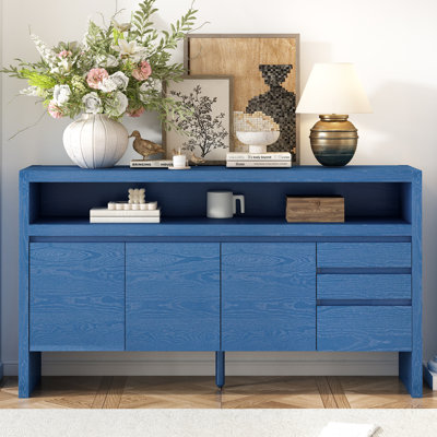 Buffet 60 po à 3 portes, tiroirs, armoire de rangement en placage de frêne, rangement multifonctionnel, support renforcé central, vestibule, salon, salle à manger, buffet 60 po