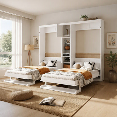 Dual Twin size Wall Murphy Beds with Cabinets and Shelves