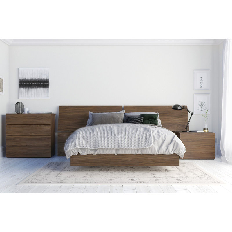 Ensemble de chambre à coucher Pertev, Grand, Trois pièces (lit, table de chevet et commode), Tête de lit brune