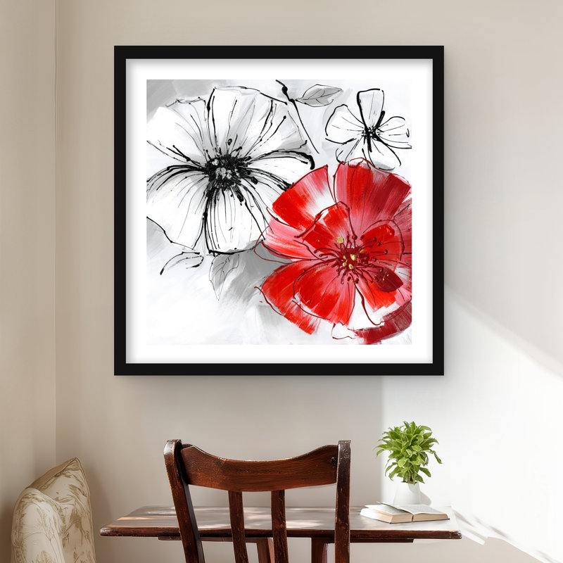 Croquis de fleurs rouges et blanches - reproduction encadrée grise contemporaine, 24" H x 24" W, Black