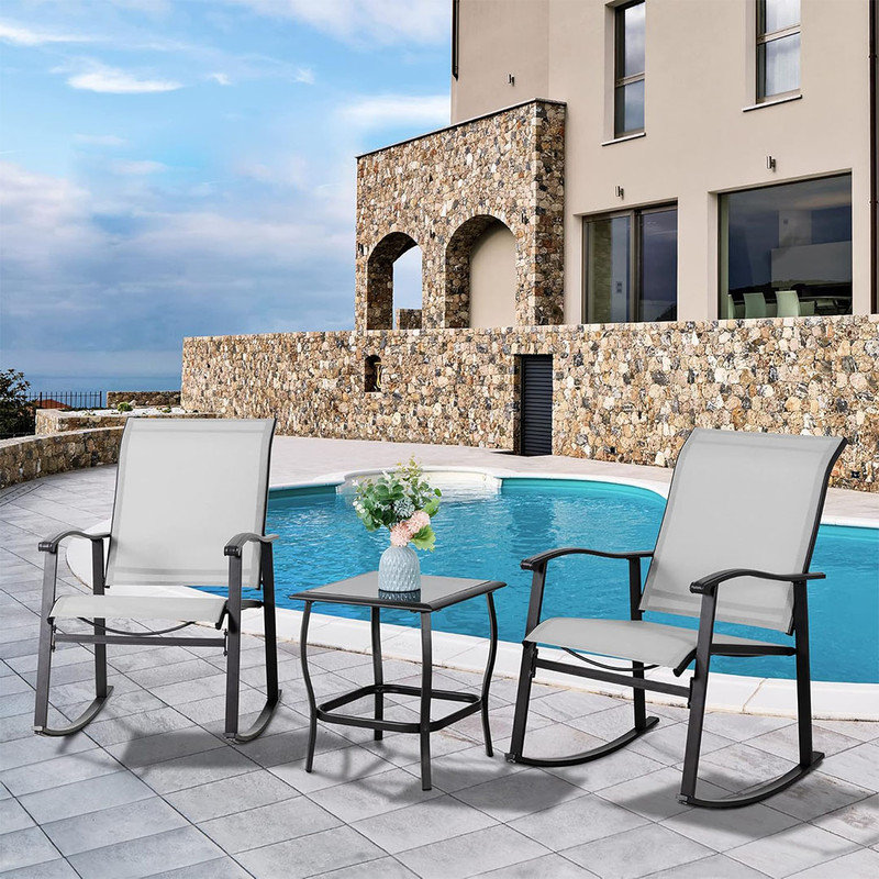 3 Piece Rocking Bistro Set with Rocker Chairs and Glass Coffee Table Set of 3, Rectangular Porch Furniture for Small Space,