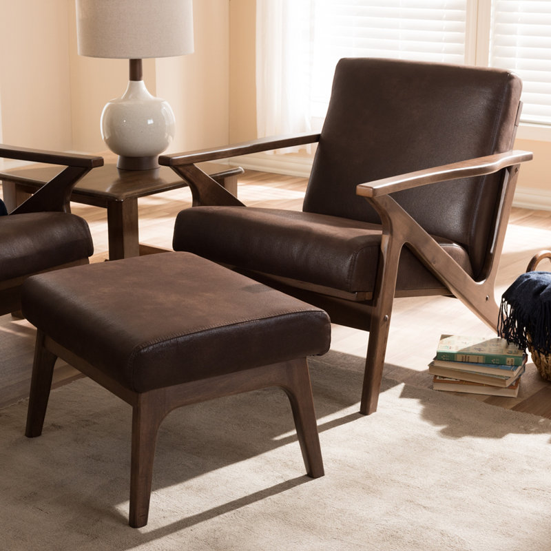 Bianca Mid-Century Walnut Wood and Faux Leather Lounge Chair Set