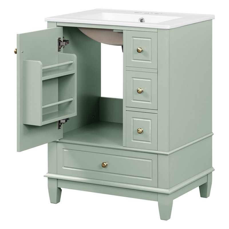 Bathroom Vanity With Ceramic Sink Top, MDF And Solid Wood Base, Modern Sink Cabinet For Small Bathrooms, Light Green, 24"