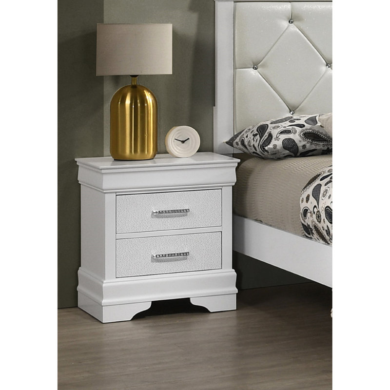 Table de chevet en bois massif moderne - blanc, 2 tiroirs avec décoration texturée et losangée pour chambre à coucher avec tiroir blanc