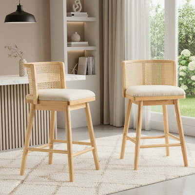 Talia Indoor Upholstered Wooden Counter Stool, Bar Chair, Natural Finish Frame With Beige Upholstery, Set Of 2