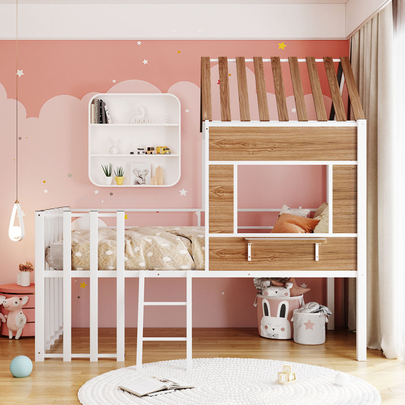 Metal Twin Loft Bed with House Roof, Window, Full Guardrail & Built-in Ladder, Sturdy Playhouse Style Loft Bed for Bedroom